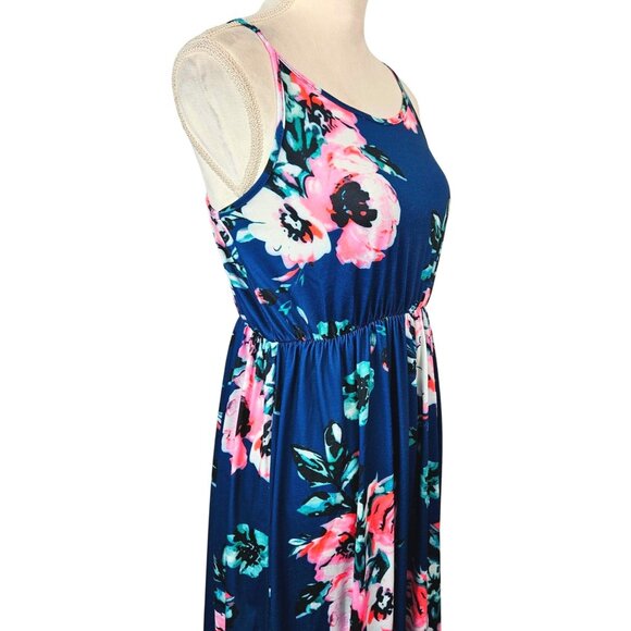 Womens Floral Boho Maxi Dress Adjustable Spaghetti Straps Navy Blue & Pink Small - Picture 5 of 12